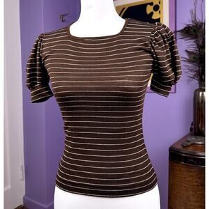 Vintage 70s Miss Selfridge Brown Silver Disco Puff Sleeve Stretchy Top  🛸 XS